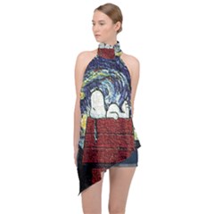 Cartoon Dog House Van Gogh Halter Asymmetric Satin Top by Modalart