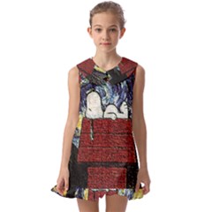 Cartoon Dog House Van Gogh Kids  Pilgrim Collar Ruffle Hem Dress by Modalart