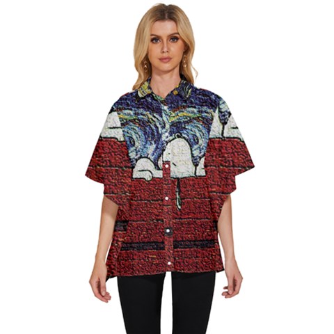 Cartoon Dog House Van Gogh Women s Batwing Button Up Shirt by Modalart