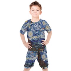 Mosaic Art Vincent Van Gogh Starry Night Kids  T-shirt And Shorts Set by Modalart