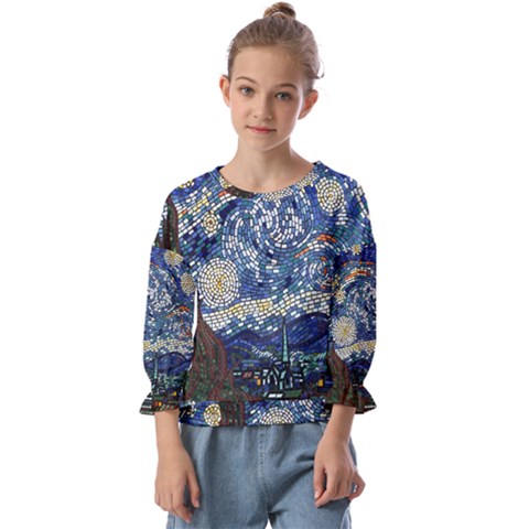 Mosaic Art Vincent Van Gogh Starry Night Kids  Cuff Sleeve Top by Modalart