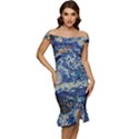 Mosaic Art Vincent Van Gogh Starry Night Off Shoulder Ruffle Split Hem Bodycon Dress View1