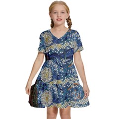 Mosaic Art Vincent Van Gogh Starry Night Kids  Short Sleeve Tiered Mini Dress by Modalart