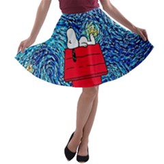 Cartoon Dog Starry Night Van Gogh Parody A-line Skater Skirt by Modalart