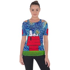 Cartoon Dog Starry Night Van Gogh Parody Shoulder Cut Out Short Sleeve Top by Modalart