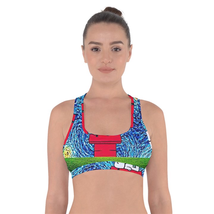 Cartoon Dog Starry Night Van Gogh Parody Cross Back Sports Bra