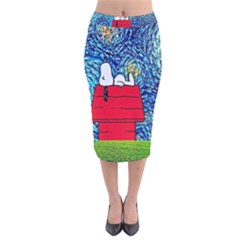 Cartoon Dog Starry Night Van Gogh Parody Velvet Midi Pencil Skirt by Modalart