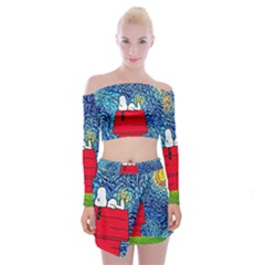 Cartoon Dog Starry Night Van Gogh Parody Off Shoulder Top With Mini Skirt Set by Modalart