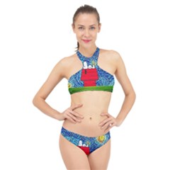 Cartoon Dog Starry Night Van Gogh Parody High Neck Bikini Set by Modalart