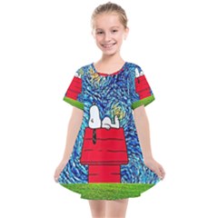 Cartoon Dog Starry Night Van Gogh Parody Kids  Smock Dress by Modalart