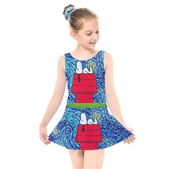 Cartoon Dog Starry Night Van Gogh Parody Kids  Skater Dress Swimsuit by Modalart