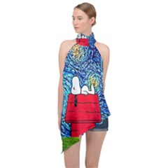 Cartoon Dog Starry Night Van Gogh Parody Halter Asymmetric Satin Top by Modalart