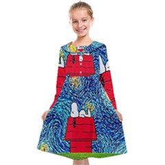 Cartoon Dog Starry Night Van Gogh Parody Kids  Midi Sailor Dress by Modalart