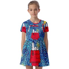 Cartoon Dog Starry Night Van Gogh Parody Kids  Short Sleeve Pinafore Style Dress by Modalart