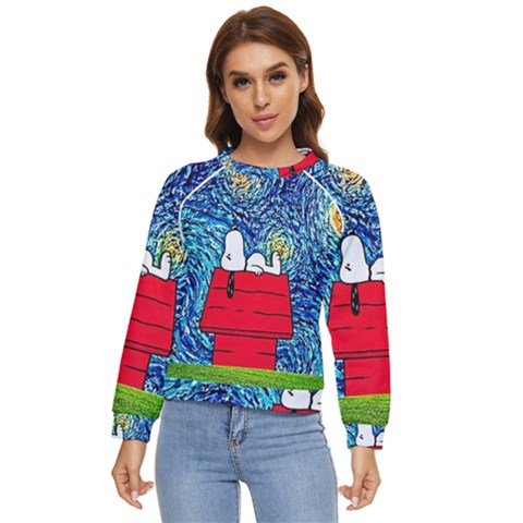 Cartoon Dog Starry Night Van Gogh Parody Women s Long Sleeve Raglan T-shirt by Modalart