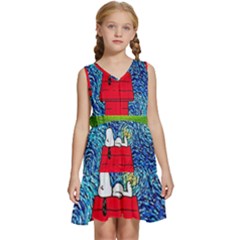 Cartoon Dog Starry Night Van Gogh Parody Kids  Sleeveless Tiered Mini Dress by Modalart