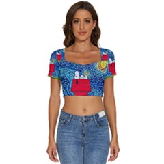 Cartoon Dog Starry Night Van Gogh Parody Short Sleeve Square Neckline Crop Top  by Modalart