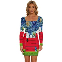 Cartoon Dog Starry Night Van Gogh Parody Long Sleeve Square Neck Bodycon Velvet Dress by Modalart