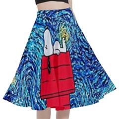 Cartoon Dog Starry Night Van Gogh Parody A-line Full Circle Midi Skirt With Pocket by Modalart