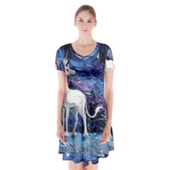 Unicorn Starry Night Print Van Gogh Short Sleeve V-neck Flare Dress by Modalart