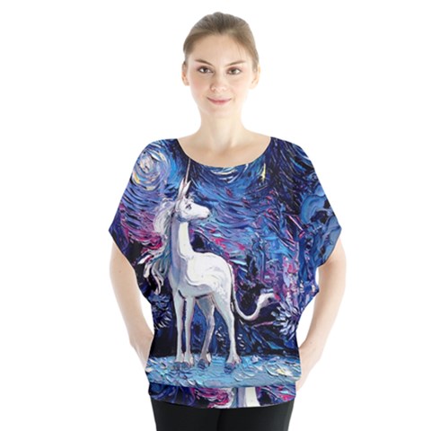 Unicorn Starry Night Print Van Gogh Batwing Chiffon Blouse by Modalart