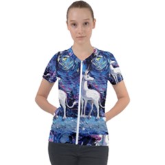 Unicorn Starry Night Print Van Gogh Short Sleeve Zip Up Jacket by Modalart