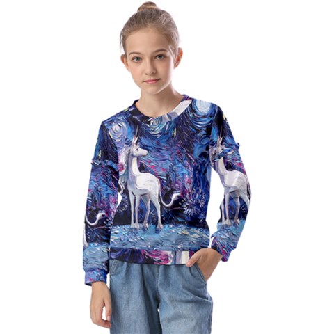 Unicorn Starry Night Print Van Gogh Kids  Long Sleeve T-shirt With Frill  by Modalart