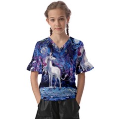 Unicorn Starry Night Print Van Gogh Kids  V-neck Horn Sleeve Blouse by Modalart