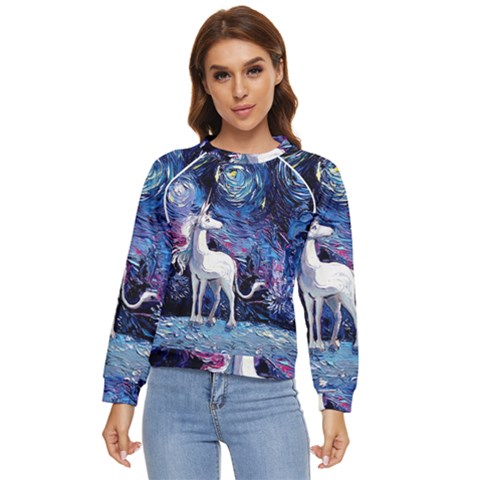 Unicorn Starry Night Print Van Gogh Women s Long Sleeve Raglan T-shirt by Modalart