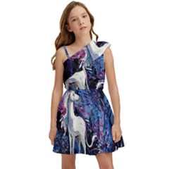 Unicorn Starry Night Print Van Gogh Kids  One Shoulder Party Dress by Modalart