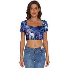 Unicorn Starry Night Print Van Gogh Short Sleeve Square Neckline Crop Top  by Modalart