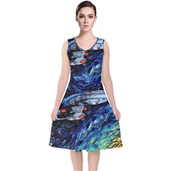 Star Ship Parody Art Starry Night V-neck Midi Sleeveless Dress  by Modalart