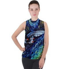 Star Ship Parody Art Starry Night Mock Neck Chiffon Sleeveless Top by Modalart