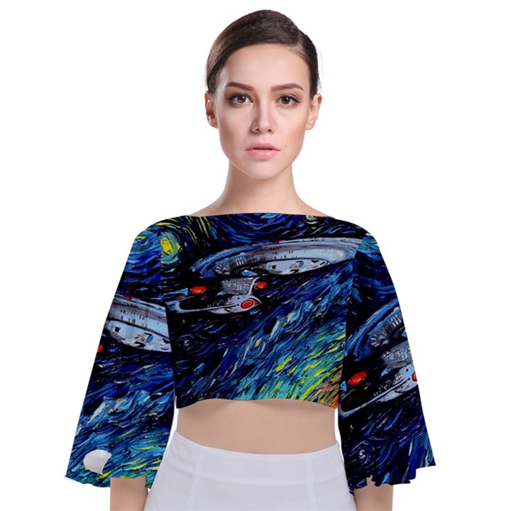 Star Ship Parody Art Starry Night Tie Back Butterfly Sleeve Chiffon Top