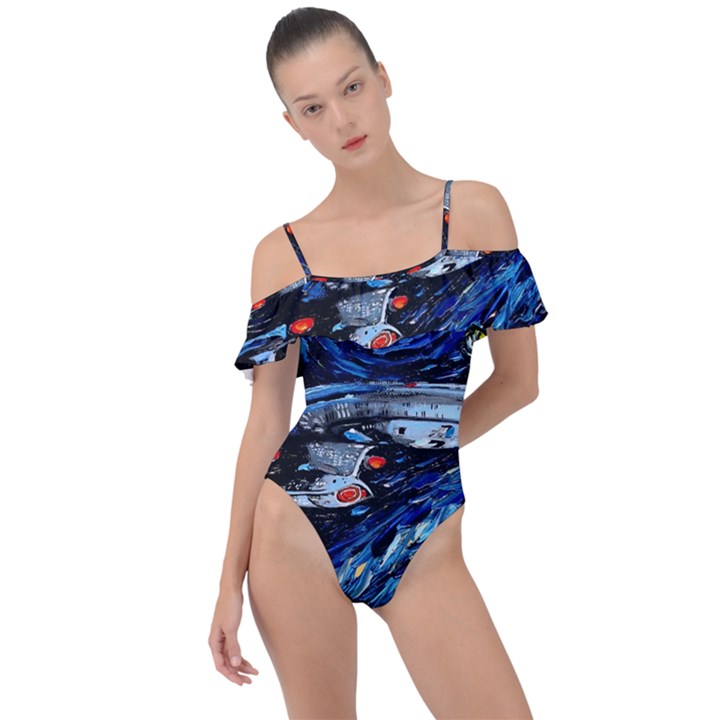 Star Ship Parody Art Starry Night Frill Detail One Piece Swimsuit