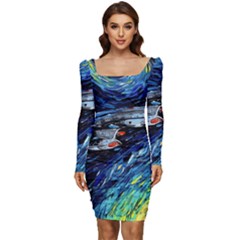 Star Ship Parody Art Starry Night Women Long Sleeve Ruched Stretch Jersey Dress by Modalart