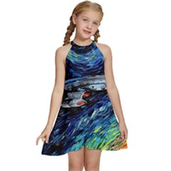 Star Ship Parody Art Starry Night Kids  Halter Collar Waist Tie Chiffon Dress by Modalart