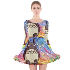 Totoro Starry Night Art Van Gogh Parody Long Sleeve Velvet Skater Dress by Modalart