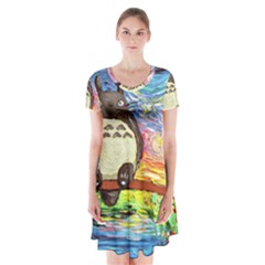 Totoro Starry Night Art Van Gogh Parody Short Sleeve V-neck Flare Dress by Modalart