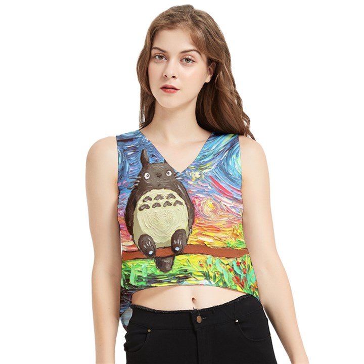 Totoro Starry Night Art Van Gogh Parody V-Neck Cropped Tank Top