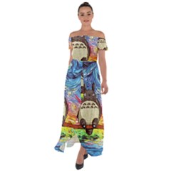 Totoro Starry Night Art Van Gogh Parody Off Shoulder Open Front Chiffon Dress by Modalart