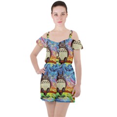 Totoro Starry Night Art Van Gogh Parody Ruffle Cut Out Chiffon Playsuit by Modalart