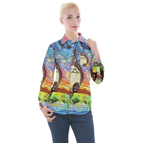 Totoro Starry Night Art Van Gogh Parody Women s Long Sleeve Pocket Shirt by Modalart