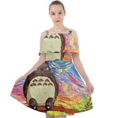 Totoro Starry Night Art Van Gogh Parody Cut Out Shoulders Chiffon Dress by Modalart