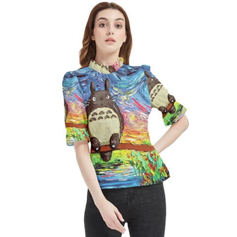 Totoro Starry Night Art Van Gogh Parody Frill Neck Blouse by Modalart