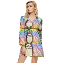 Totoro Starry Night Art Van Gogh Parody Tiered Long Sleeve Mini Dress by Modalart