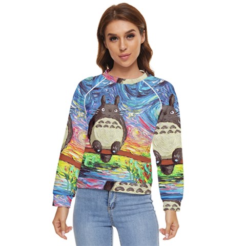 Totoro Starry Night Art Van Gogh Parody Women s Long Sleeve Raglan T-shirt by Modalart