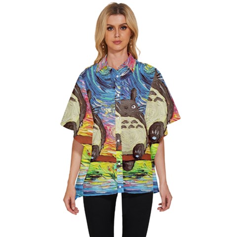 Totoro Starry Night Art Van Gogh Parody Women s Batwing Button Up Shirt by Modalart