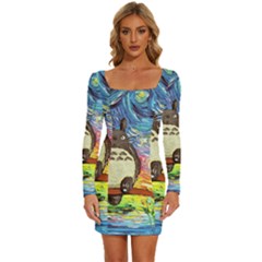 Totoro Starry Night Art Van Gogh Parody Long Sleeve Square Neck Bodycon Velvet Dress by Modalart