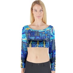 Starry Night Van Gogh Painting Art City Scape Long Sleeve Crop Top by Modalart